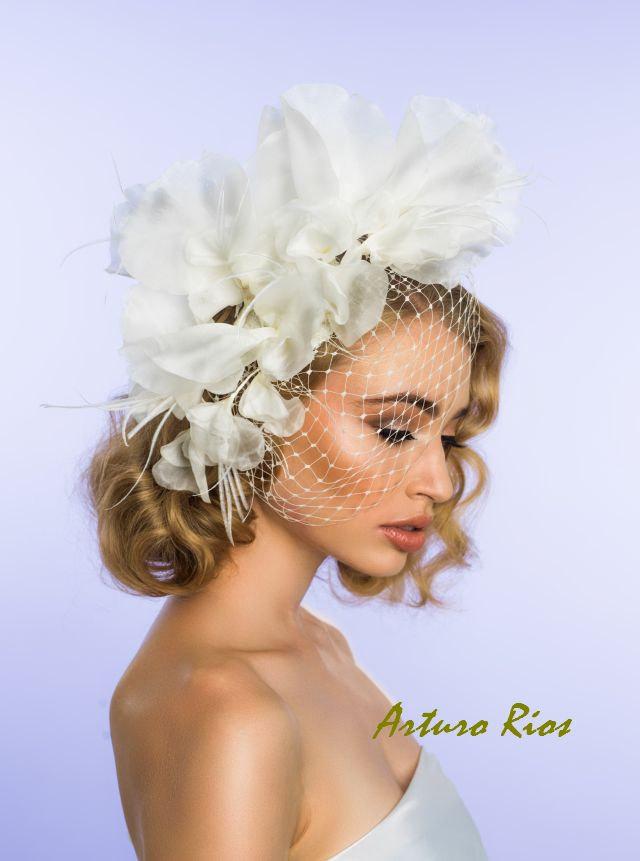 Wedding - Couture Bridal hat, Bridal Fascinator, wedding veil, Ivory Silk headpiece, Veil, Birdcage veil