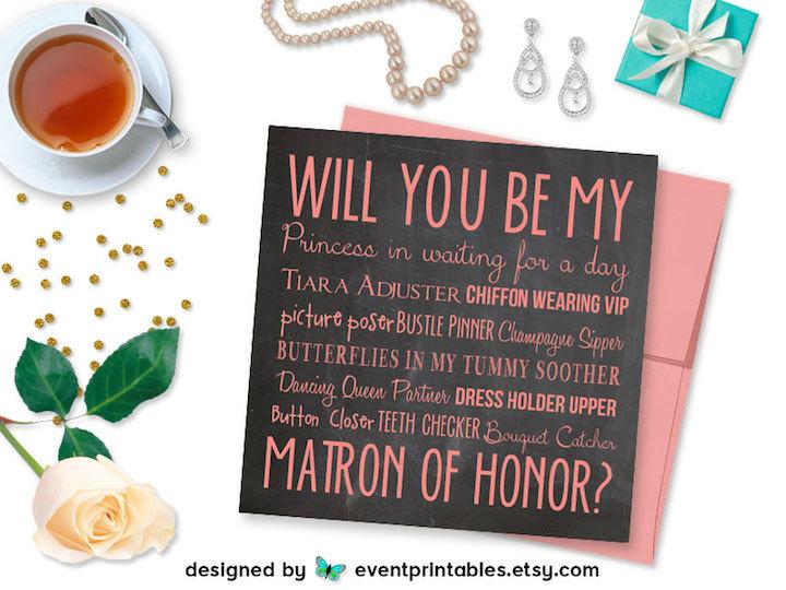 Wedding - Will You Be My Matron of Honor Card, Printable DIY File, Pink Chalkboard Matron of Honour Proposal, DIGITAL DOWNLOAD by Event Printables