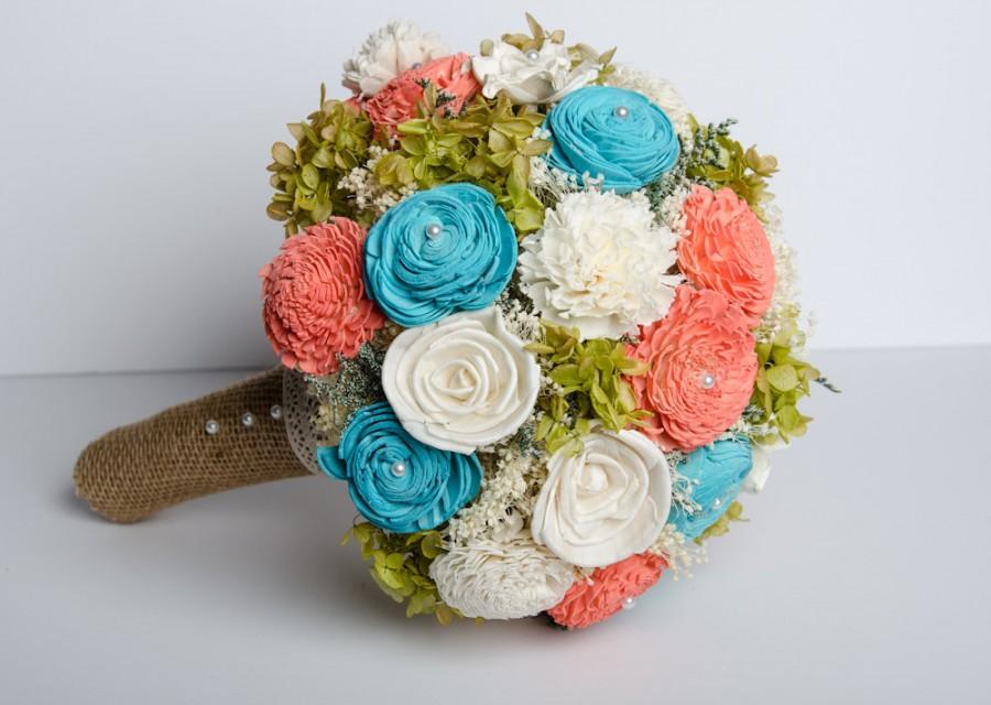 Свадьба - Handmade Wedding Bouquet, Sola Flower Bridal Bouquet, Turquoise and Coral Bridal Bouquet, Keepsake bouquet, Alternative Bouquet
