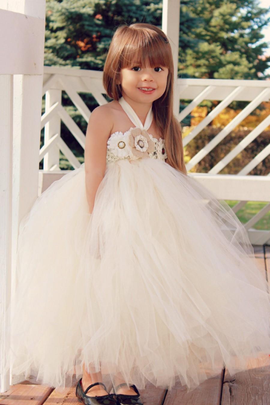 Mariage - Country Couture Flower Girl Tutu Dress and matching headband/ Shabby Chic Wedding/ Rustic Wedding/ Country Wedding