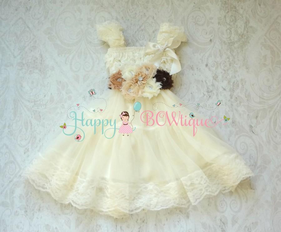 Wedding - Flower girl dress- Burlap Ivory Lace Chiffon Dress set, rustic Flower girl dress, burlap dress, Country Rustic Dress, Baby dress,Girls Dress