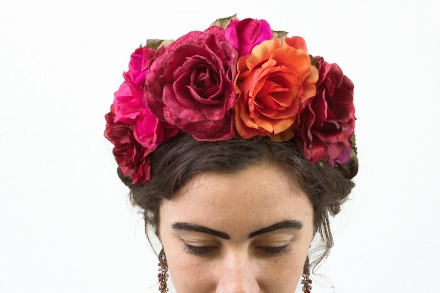 Wedding - Valentines Day Flower Crown, Frida Kahlo Headpiece, Flower Crown, Rose, Pink, Orange, Floral Headpiece, Floral Crown, Mexican, Floral