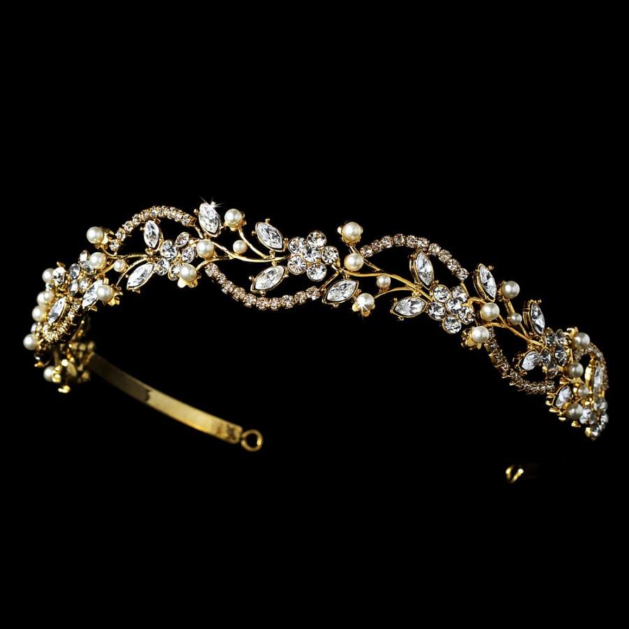 Mariage - Gold Bridal headpiece, Gold Bridal headband, Gold wedding tiara, Rhinestone and pearl headpiece