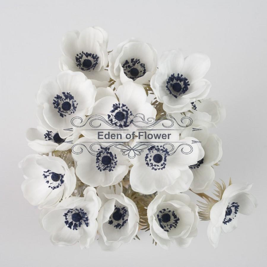زفاف - White Anemones Real Touch Flowers Dark Blue Center for Wedding Bridal Bouquets, Centerpieces, Decorative Flowers