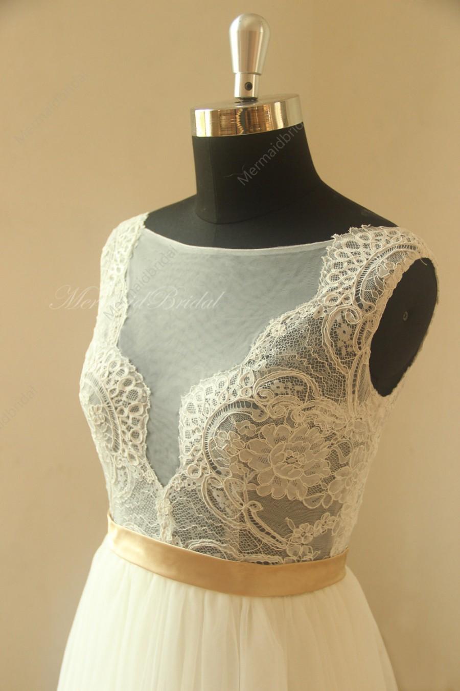 زفاف - Ivory Scallop neckline tulle lace wedding dress,beach wedding dress with nude lining