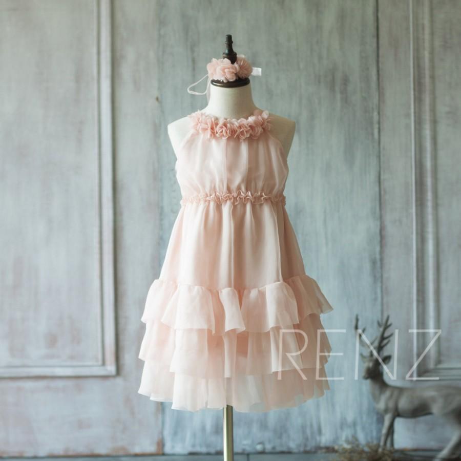 Hochzeit - 2015 Blush Pink Junior Bridesmaid Dress, Ruffle Flower Girl Dress, Rosette dress, Floor length, Floral Headdress (HK123B)