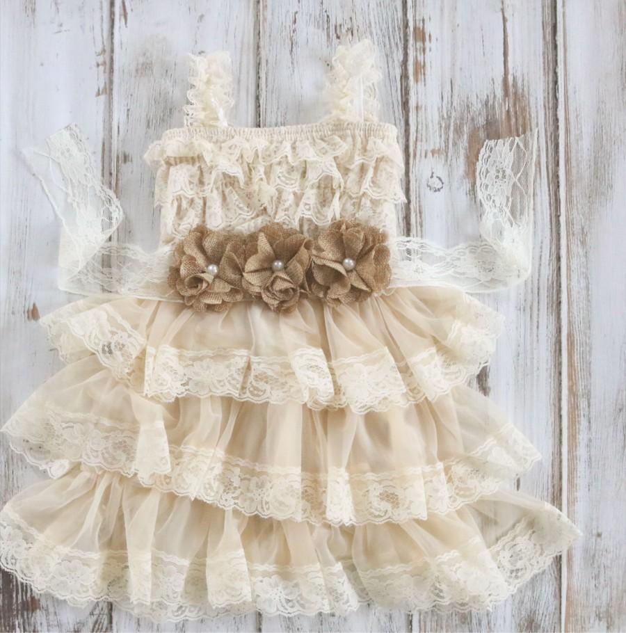 Mariage - Burlap Flower Girl Dress, Lace Country Girls Dress, Burlap Wedding, Rustic Flower Girl Dress, Country Couture, Lace Baby Dress, Flower Girl