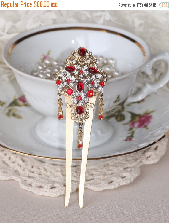 Mariage - SALE GENUINE Art Deco Brooch Hair Comb,Ruby Red & Clear Pave Rhinestone,Silver Gold Paved Rhinestone,Large Hair Fork,Hair Stick,Crystal Hair