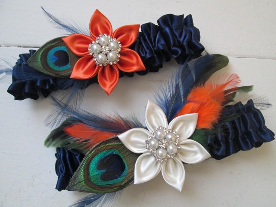 زفاف - Midnight Blue & Burnt Orange Wedding Garter Set, Peacock Garters, Navy Bridal Garter w/ Olive Green Feathers, Fall Autumn Harvest Weddings