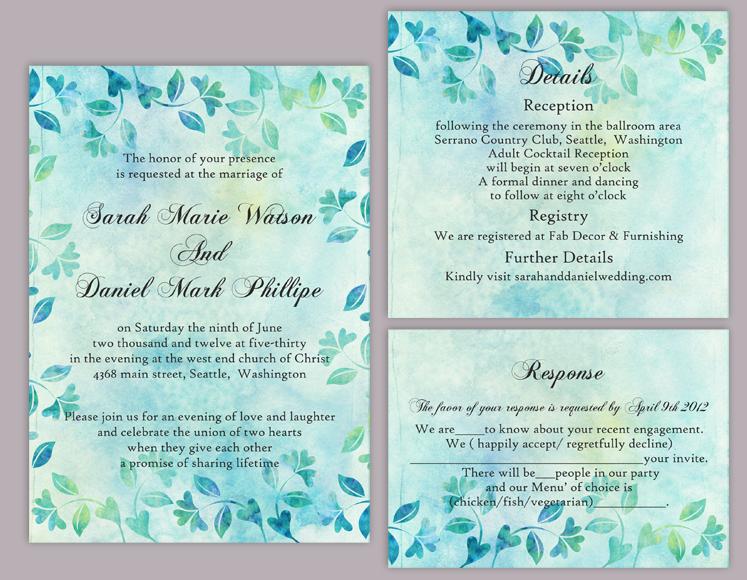 Hochzeit - DIY Rustic Wedding Invitation Template Set Editable Word File Download Printable Vintage Invitation Blue Invitation Leaf Floral Invitation