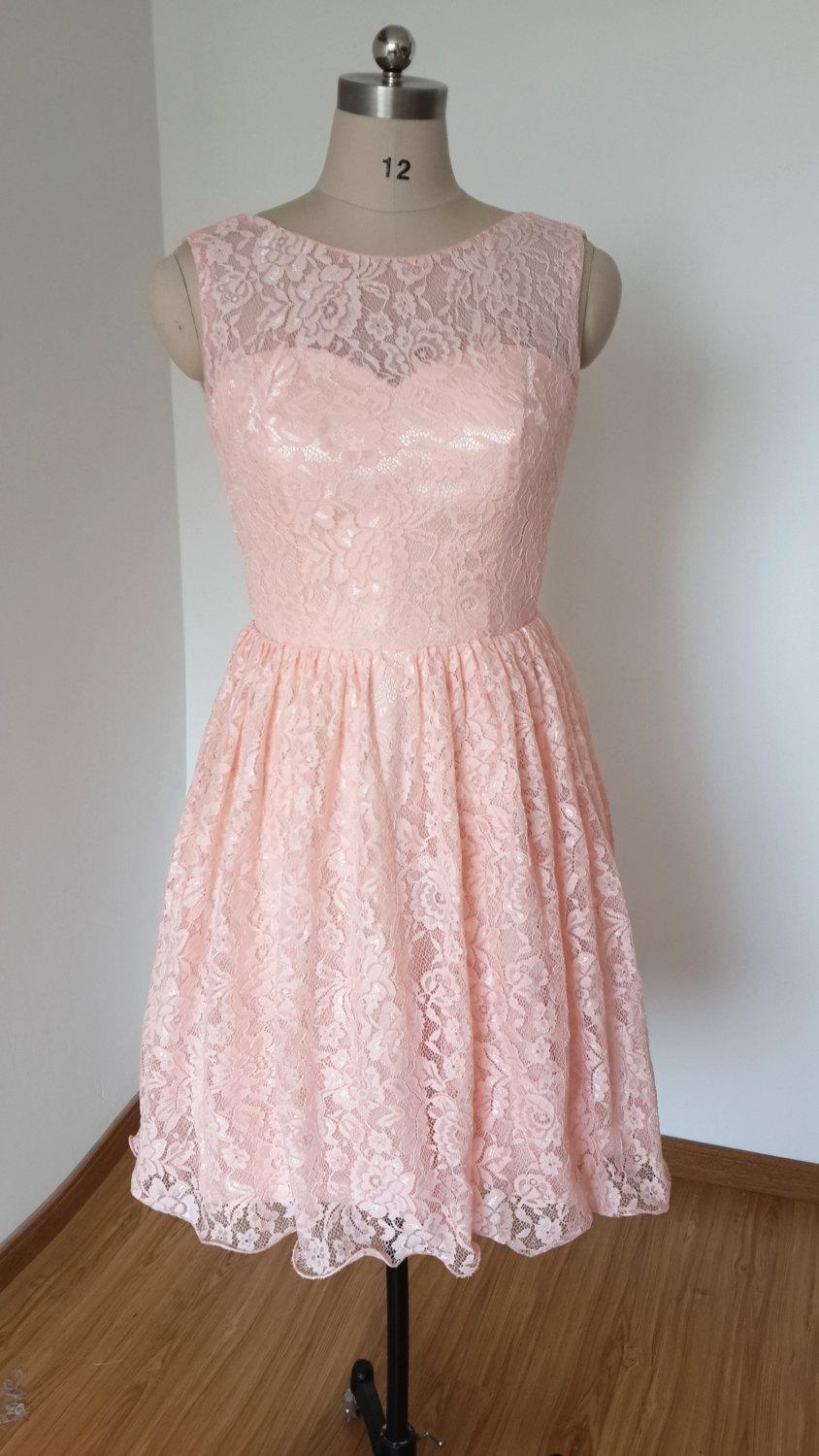 زفاف - 2015 V-back Pearl Pink Lace Short Bridesmaid Dress