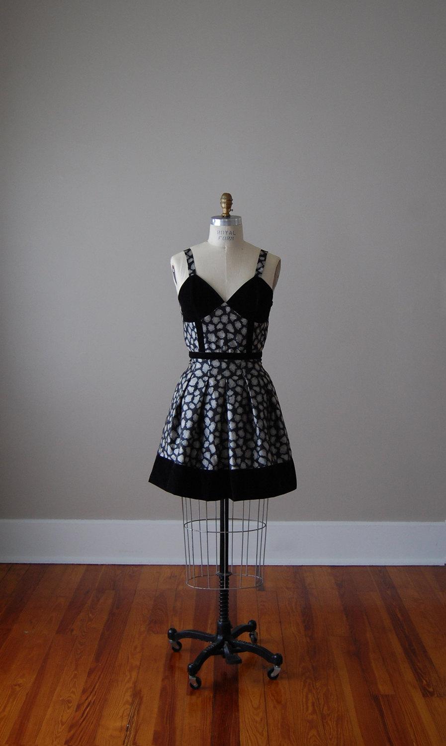 Wedding - Vintage Inspired Velvet and Leopard Dress / Pleated / Black and Silver / Pinup Dress / Cocktail / Party / Evening / Handmade