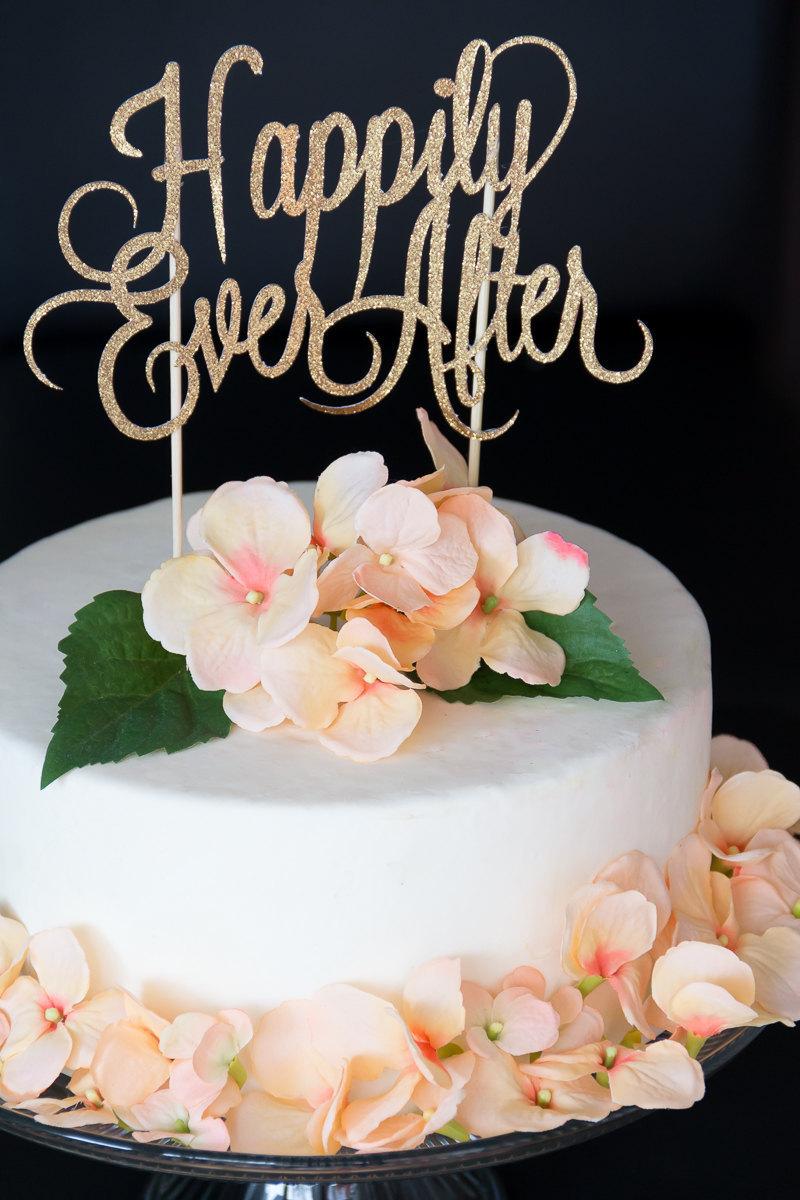 زفاف - Gold Glitter Cake Topper:  "Happily Ever After"