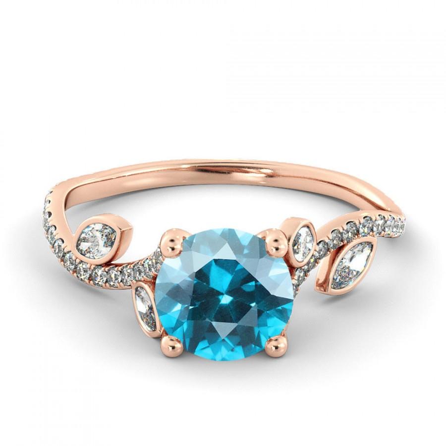 Свадьба - 1.00 CT Natural 5MM Leef Blue Auqamarine Filigree Engagement Ring 14k Rose Gold Large Auqamarine Ring