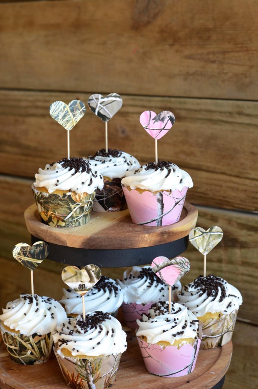 زفاف - Camo Heart Cupcake Picks, Realtree, Pink Realtree and Max 4 camouflage dessert toppers