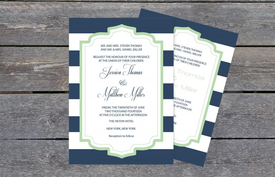 Свадьба - Navy & White Striped Mint Frame Printable Wedding Invitation PDF Templates