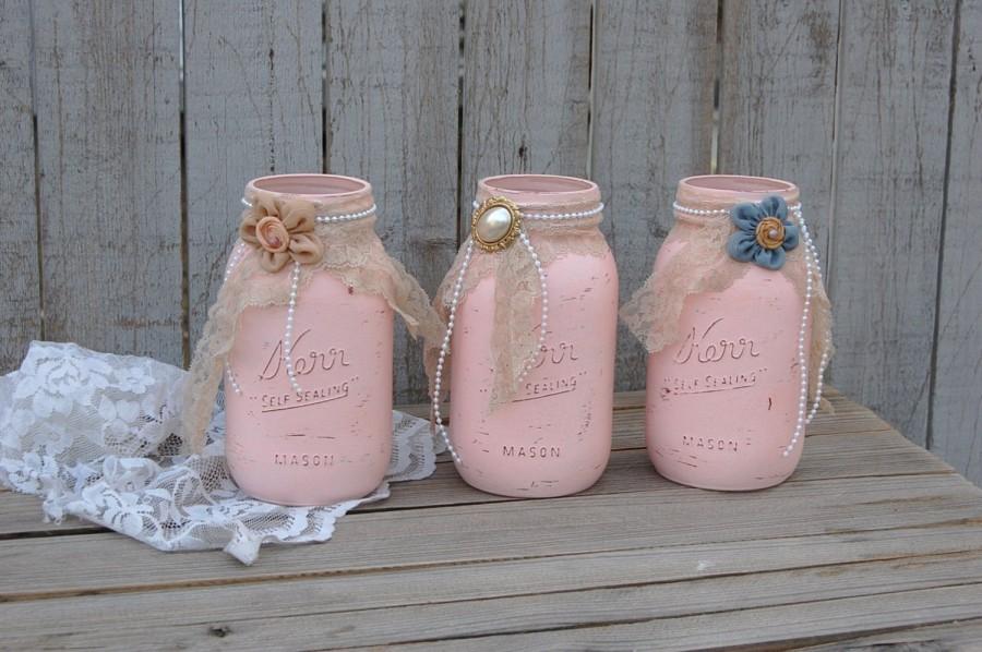 Hochzeit - Shabby Chic Mason Jars, Pink, Lace, Distressed, Rustic, Wedding, Hand Painted, Embellished