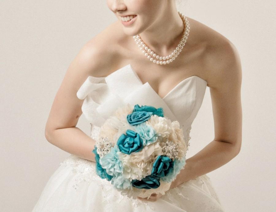 زفاف - Shabby Chic Fabric Flower Bouquet- Ivory, Teal and light  Blue Bouquet