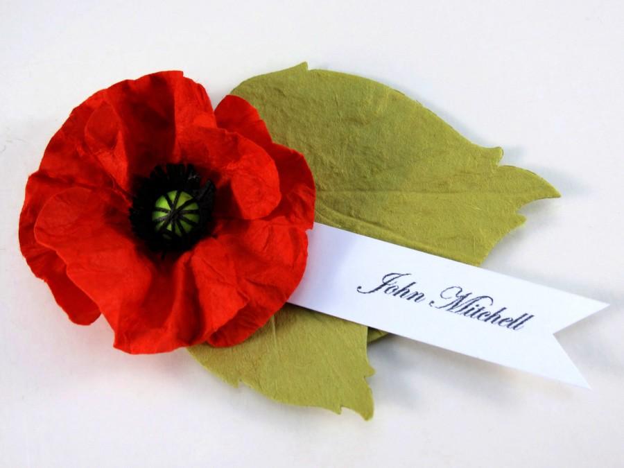 Wedding - 6 Red Poppy - Paper Flower Place Cards - Escort Cards - Wedding decor