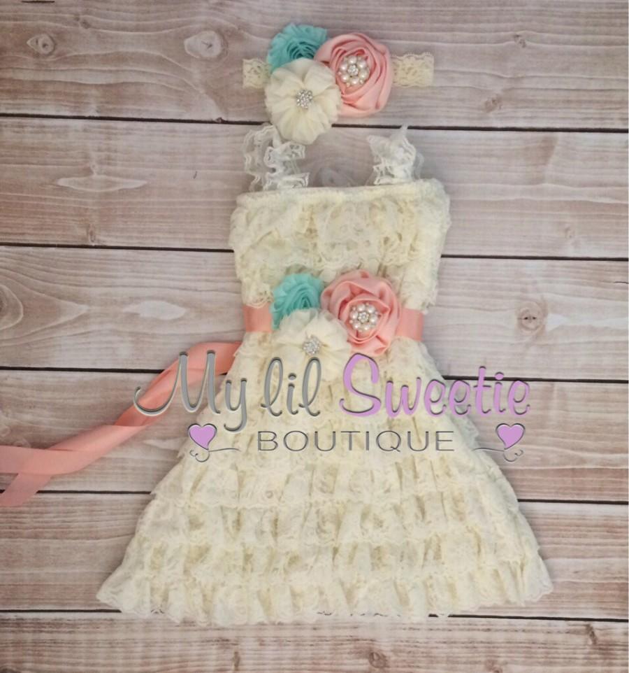 Mariage - Ivory, peach, light mint aqua 3 piece set, dress, sash, headband, baby girl outfit, special occasion dress, toddler dress, girls dress,
