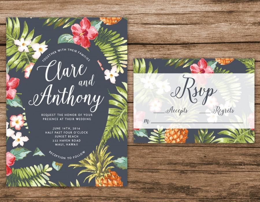 Hochzeit - Hawaiian Wedding Invitation, Tropical Wedding Invitation, Palm Leaves Invitation