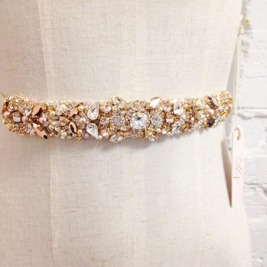 Hochzeit - Rose Gold and Blush Crystal Bridal Belt- Custom- Swarovski Crystal Bridal Sash- One-of-a-Kind Hand-Beaded -Vintage Glamour