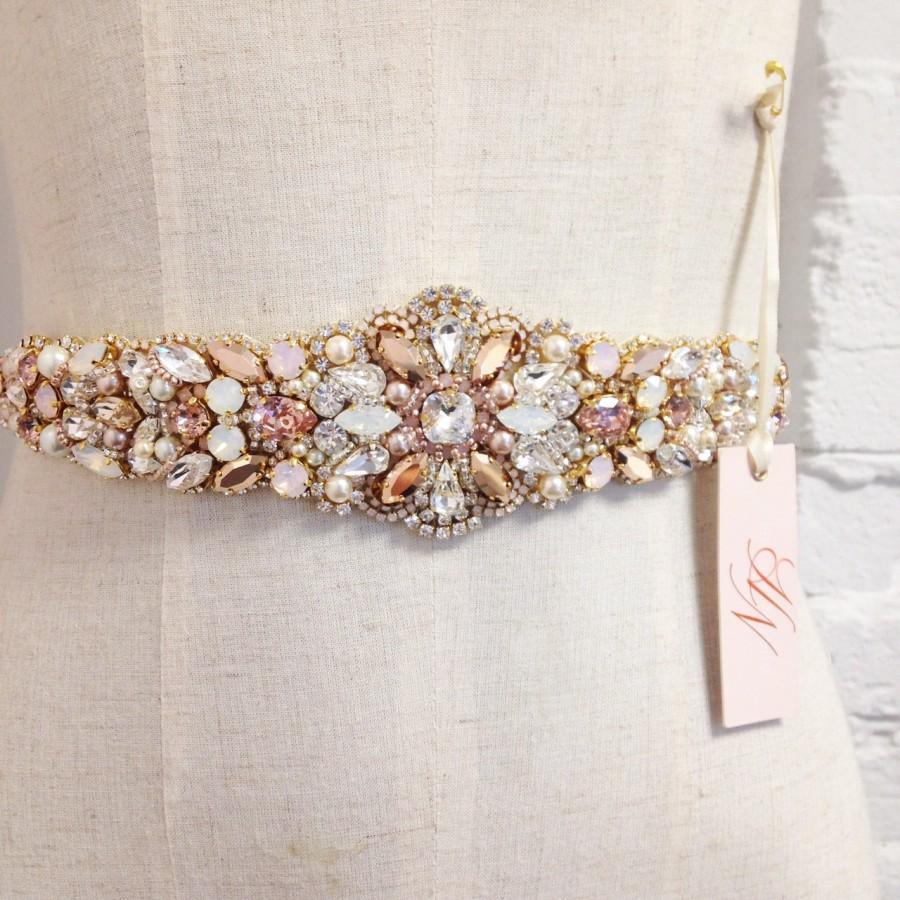 Hochzeit - Rose Gold and Blush Crystal Bridal Belt- Custom- Swarovski Crystal Bridal Sash- One-of-a-Kind Hand-Beaded -Vintage Glamour