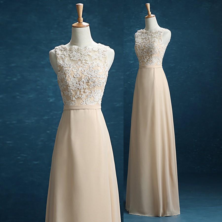 Mariage - 2016 Champagne Lace Chiffon Bridesmaid Dress, Floor Length Wedding dress, Straps Formal Dress, Champagne Long Prom Dress, Cocktail Dress