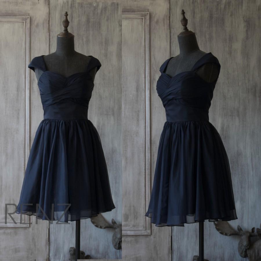 Mariage - 2015 Navy Blue Bridesmaid dress, Cap Sleeve Formal dress, Midnight Blue Chiffon Party dress, Short a line Evening dress knee length (F035)