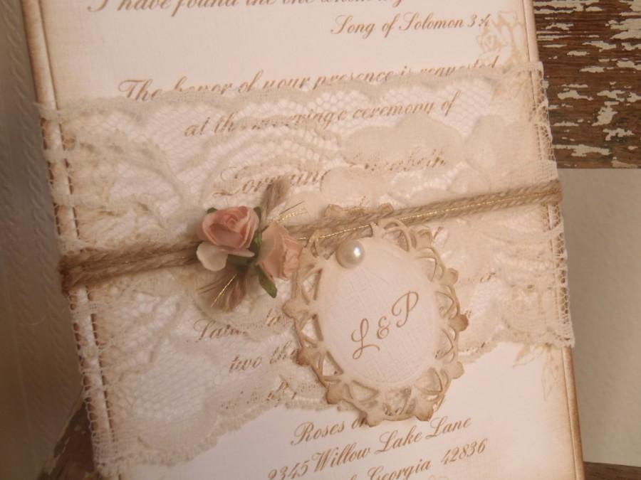 Mariage - Blush Pink Romantic, Paris, Shabby Roses, Lace Band, Rustic, Victorian Wedding Invitation, Jute Shabby, Quinceanera, Sweet Sixteen, Initials