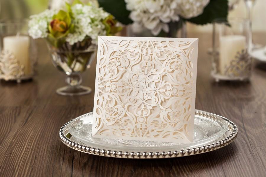 Wedding - Printable Wedding Invitations Madeleine Ivory Shimmer Floral Square Laser Cut Wedding Invitation (WM218)