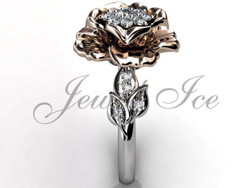 زفاف - 14k two tone white and rose gold diamond unusual unique cluster flower engagement ring, bridal ring, wedding ring ER-1053-5