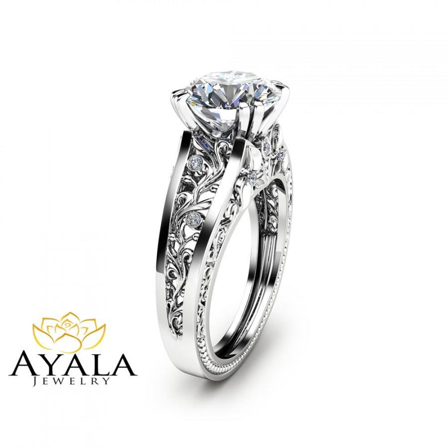 Hochzeit - Filigree Design Diamond Engagement Ring Unique 2 Carat Diamond Ring Solid 14K White Gold Ring Art  Deco Styled Engagement Ring