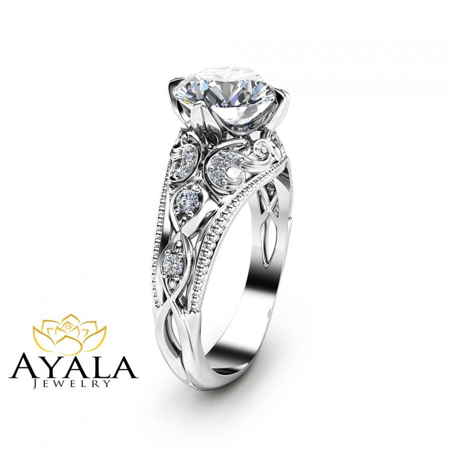 Wedding - 2 Carat Diamond Engagement Ring Unique 14K White Gold Ring Filigree Design Alternative Ring Art Deco Engagement Ring
