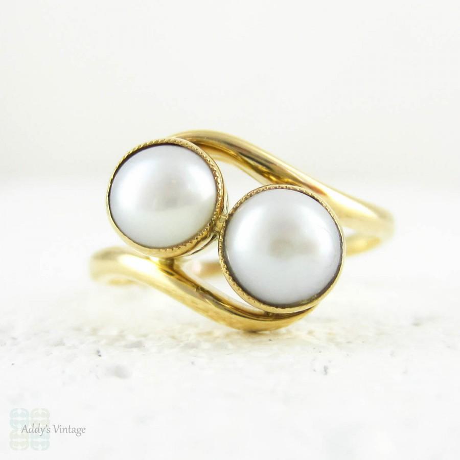 Hochzeit - Vintage Pearl Bypass Ring, Double Twin Cultured White Pearl Crossover Style Twist Ring, Toi et Moi Pearl Ring in 18 Carat Yellow Gold.