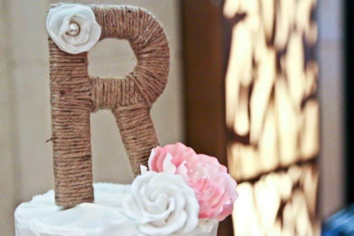 Hochzeit - Twine Wrapped Monogram Wedding Cake Topper with hand made silk flower