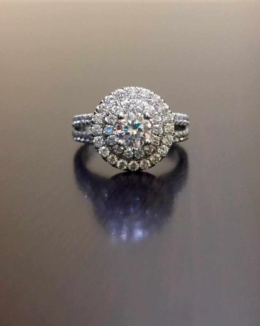 زفاف - 18K White Gold Double Halo Diamond Engagement Ring - 18K Gold Halo Diamond Wedding Ring - 18K Gold Art Deco Diamond Ring - Halo Diamond Ring