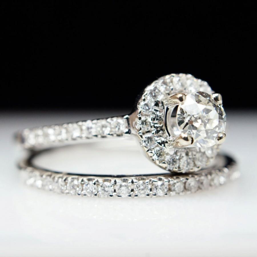 زفاف - SALE Diamond Halo Engagement Ring Old European Cut .33 ct. 14k White Gold Cathedral Under Scroll Wedding Band Free Sizing Bridal Set