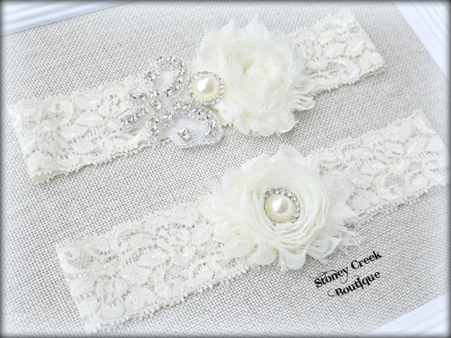 Wedding - Wedding Bridal Garter - Ivory Lace Garter Set, Rhinestone Garter Set, Vintage Garter Set, Toss Garter, Keepsake Garter, Beaded Floral Flower