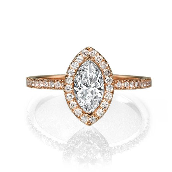 Wedding - Marquise Diamond Ring, 14K Rose Gold Engagement Ring, 1 TCW Halo Diamond Ring, Unique Gold Ring, Vintage Marquise Ring