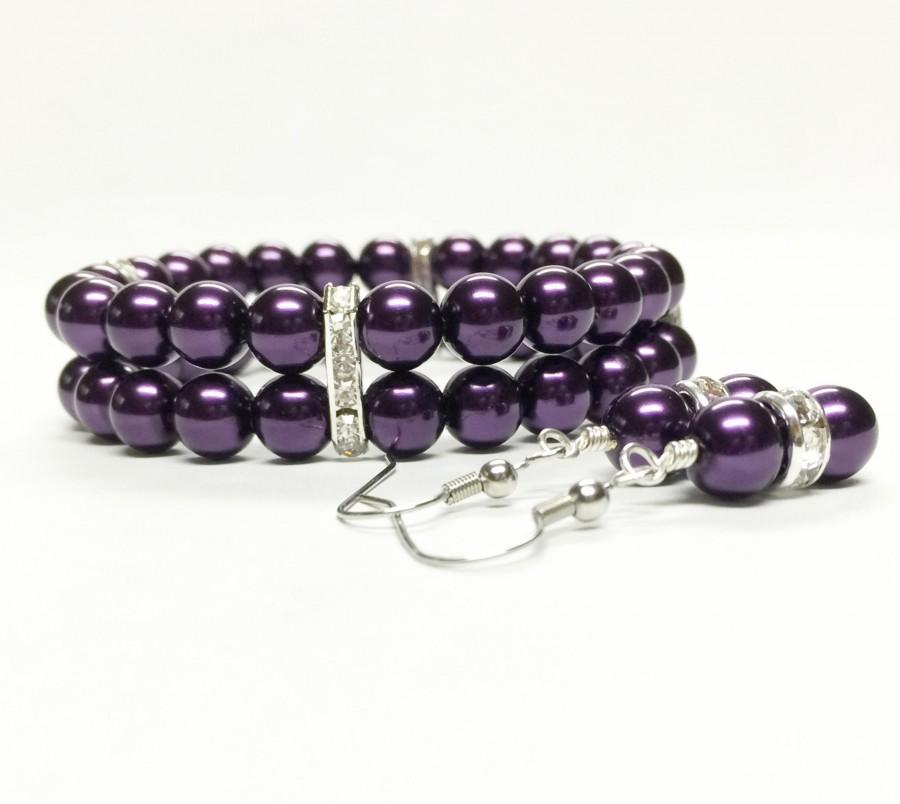 Hochzeit - Purple Bridesmaid Bracelet and Earrings Set