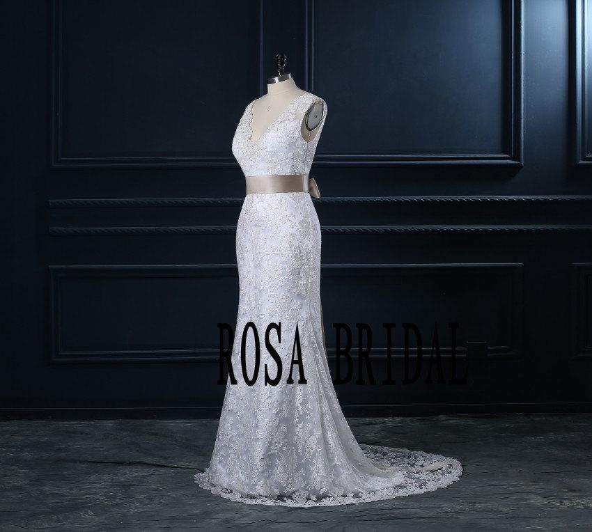 Mariage - Vintage Lace Mermaid Wedding Dress V Neck Champagne Belt Custom Size
