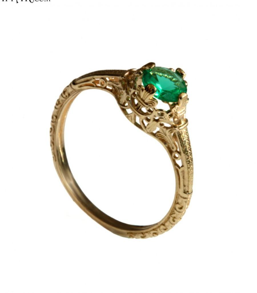 Wedding - 18K Vintage solitaire Emerald Engagement ring 18k yellow gold natural Emerald filigree engagement ring, promise ring, May birthstone ring