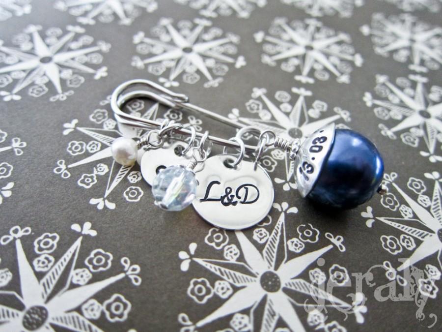 Свадьба - Old, New, Borrowed, Blue - Deluxe Sterling Silver Bridal Bouquet Pin Custom Stamped with Wedding Date, Monogram, Initials