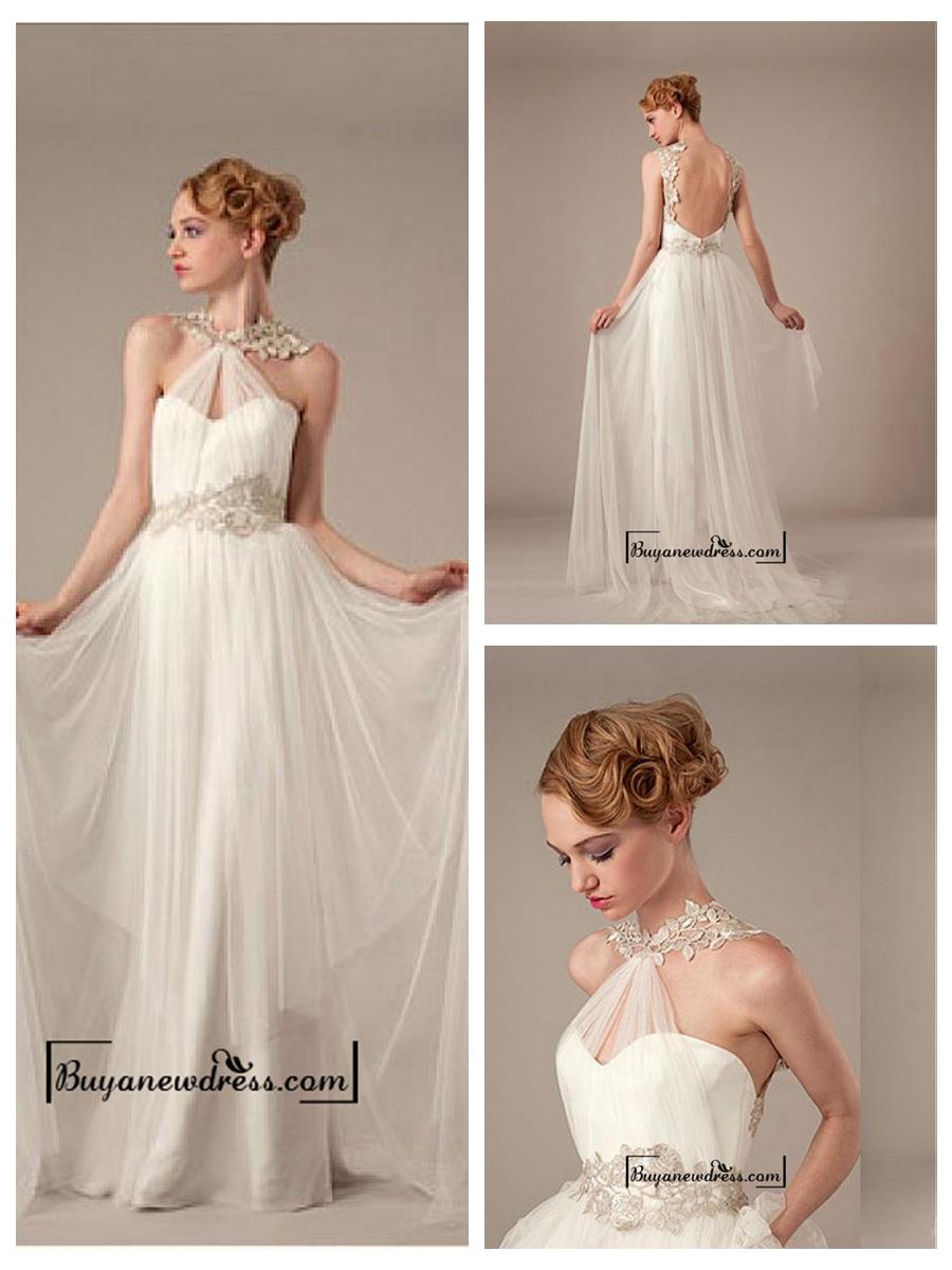 Hochzeit - Amazing Glamorous Tulle & Satin Sheath Halter Neckline Raised Waistline Wedding Dress