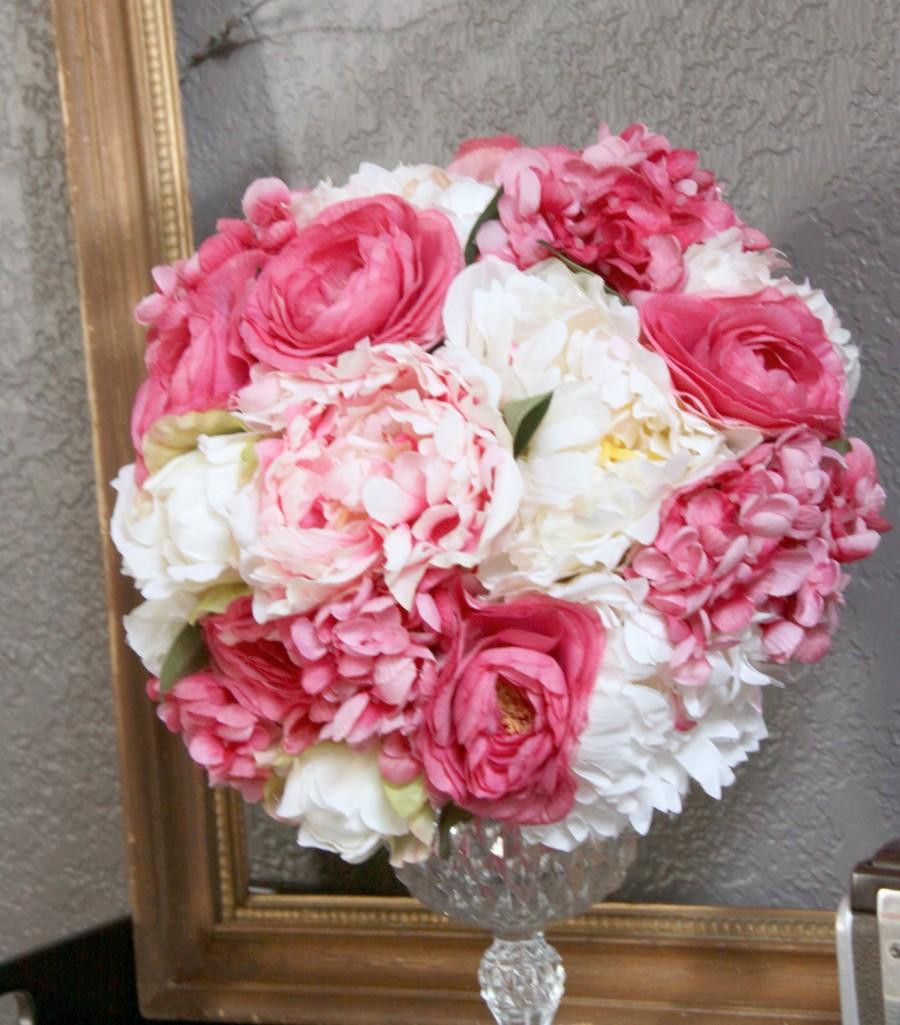 Hochzeit - Sale - Bridal Bouquet, Wedding Fabric Bouquet, Pink Ivory Roses Peonies Hydrangea Ready to Ship