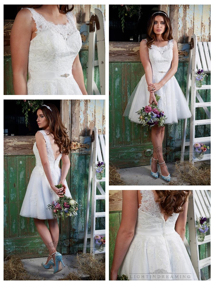 Hochzeit - Straps Bateau Neckline Knee Length Lace Wedding Dresses
