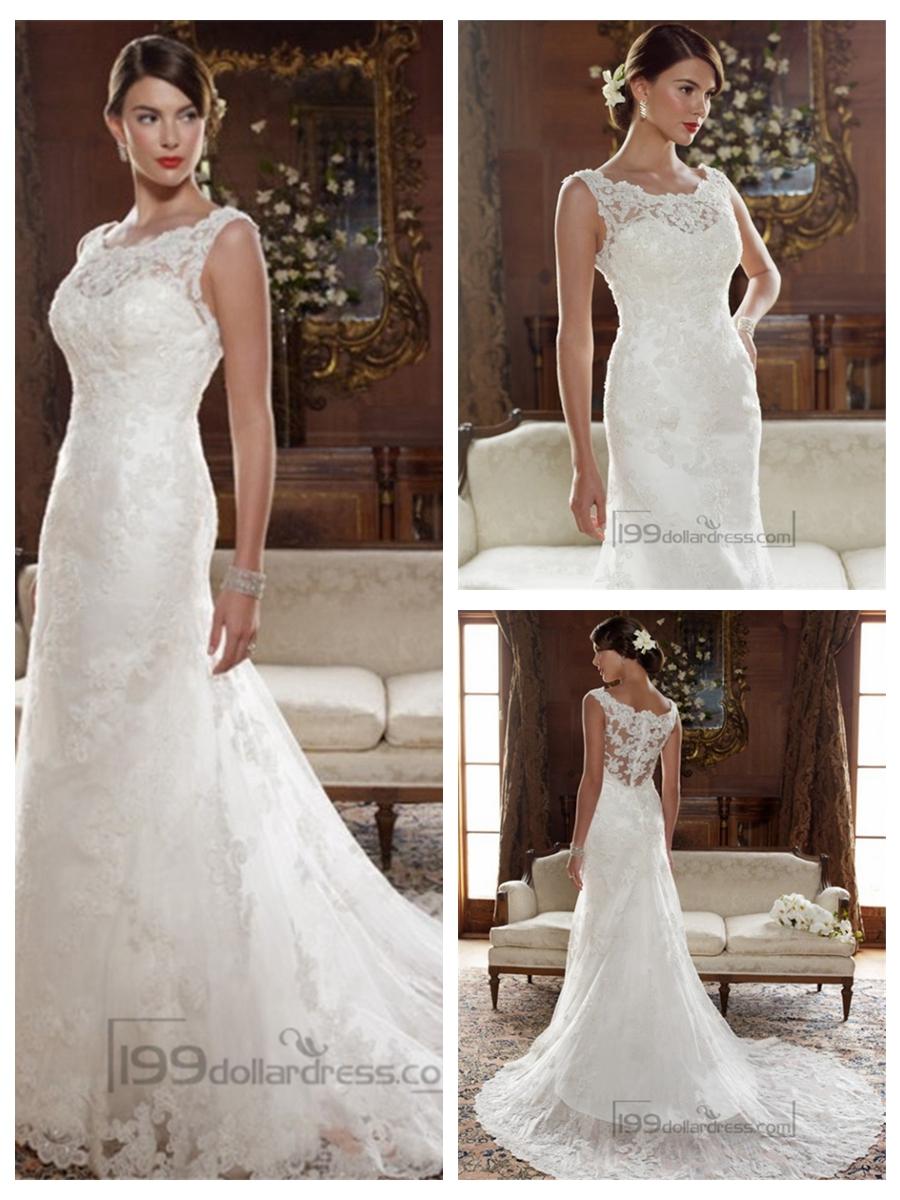 Свадьба - Straps Illusion Bateau Neckline and Back A-line Lace Appliques Wedding Dresses