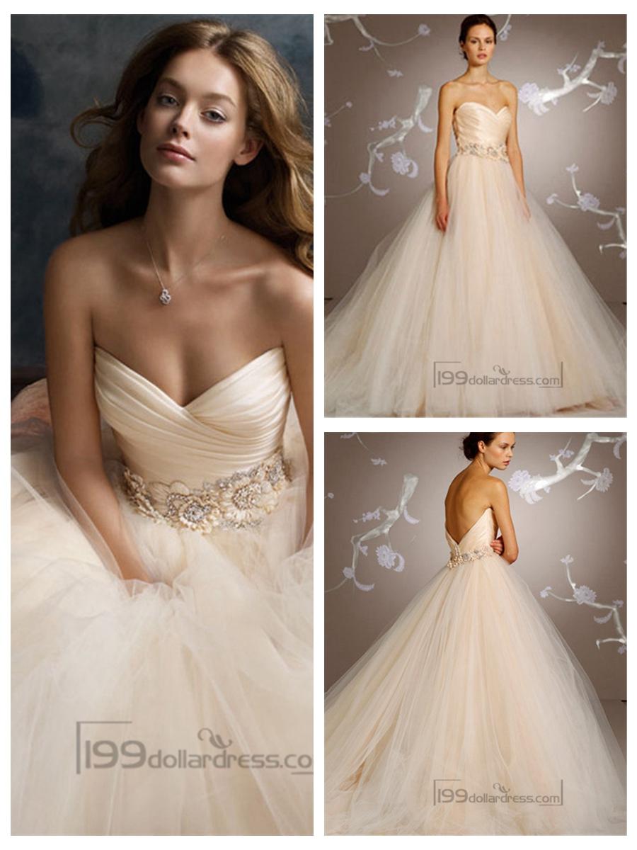 Wedding - Blush Romantic Tull Sweetheart Bridal Ball Gown with Floral Jewel Band