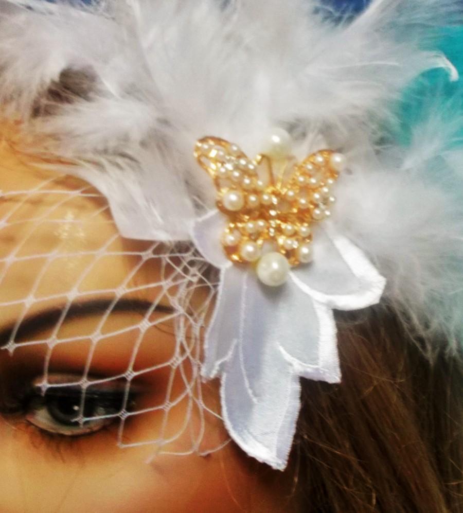 زفاف - Wedding Fascinator / Gold Butterly Bridal Fascinator/ White Feather Bridal fascinator/ Beaded prom headpiece/1920 Pearl crystal  headband